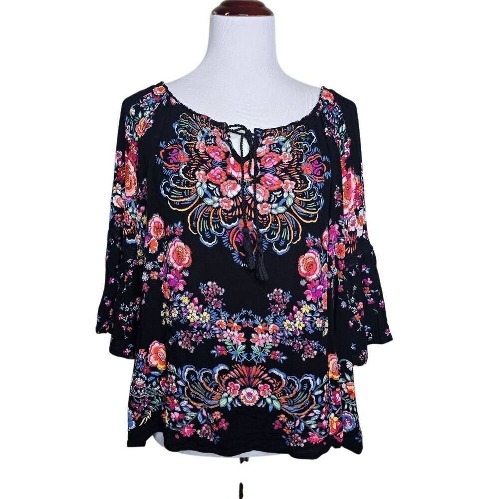 Bila Floral Boho Peasant Blouse Bell Sleeve Rayon Top Size Medium